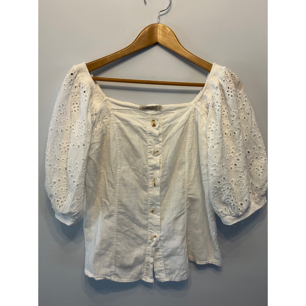 Valentina Naldi White Linen Eyelet Puff Sleeve Button Front Blouse Made in Italy